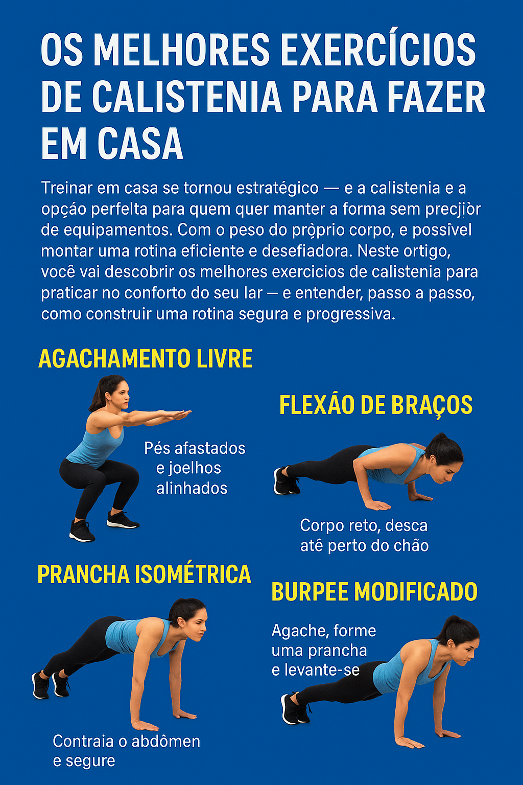 Exercícios de Calistenia em Casa mulher fazendo agachamento flexão pracha isometrica e Burpee