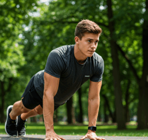 Calistenia x Musculação: Um jovem caucasiano em roupas esportivas (camiseta cinza e shorts pretos) está fazendo uma flexão ao ar livre em uma superfície pavimentada. Ele está apoiado nas mãos e nos dedos dos pés, com o corpo reto e paralelo ao chão, olhando para a frente com uma expressão focada. Ao fundo, observa-se grama verde e árvores com folhagem verde, sugerindo um ambiente de parque ou área de lazer. Ele também usa um relógio inteligente preto no pulso esquerdo e tênis pretos com detalhes em branco e verde.