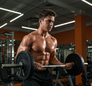 Calistenia x Musculação: Um homem atlético de costas realiza uma barra fixa em uma estrutura preta robusta dentro de uma academia bem equipada. Ao fundo, outra pessoa desfocada parece estar treinando com pesos.