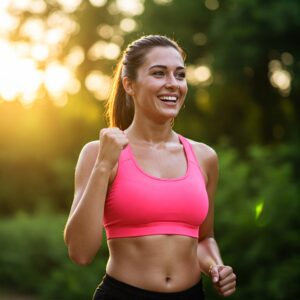 Mulher sorrindo com o final do treino e satisfeita com resultado