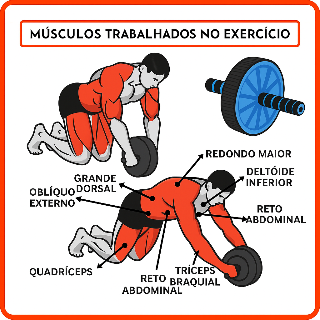 Ilustração de exercício com roda abdominal mostrando os músculos ativados, incluindo grande dorsal, reto abdominal, oblíquo externo, quadríceps, tríceps braquial e deltoide inferior.